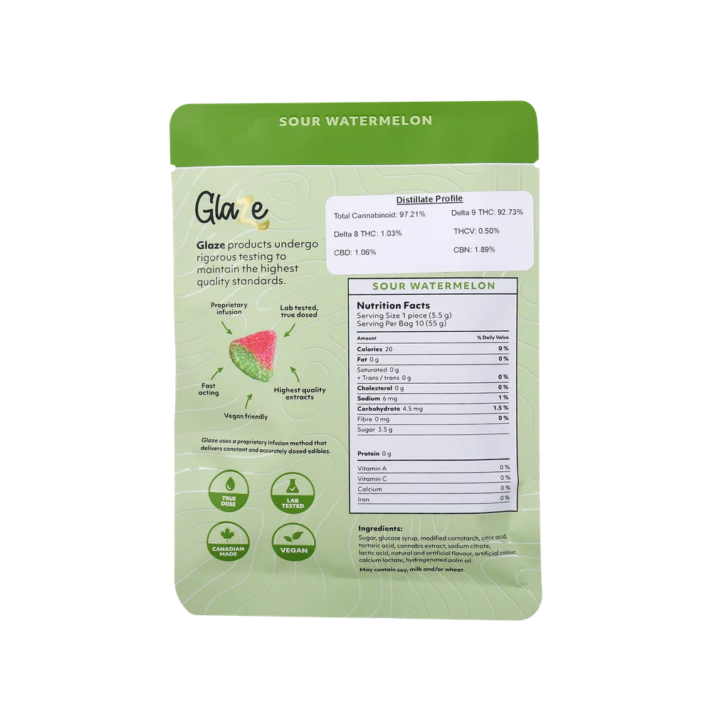 40mg THC gummies Watermelons Bag by Glaze - 1 Bag, 10 Gummies, 